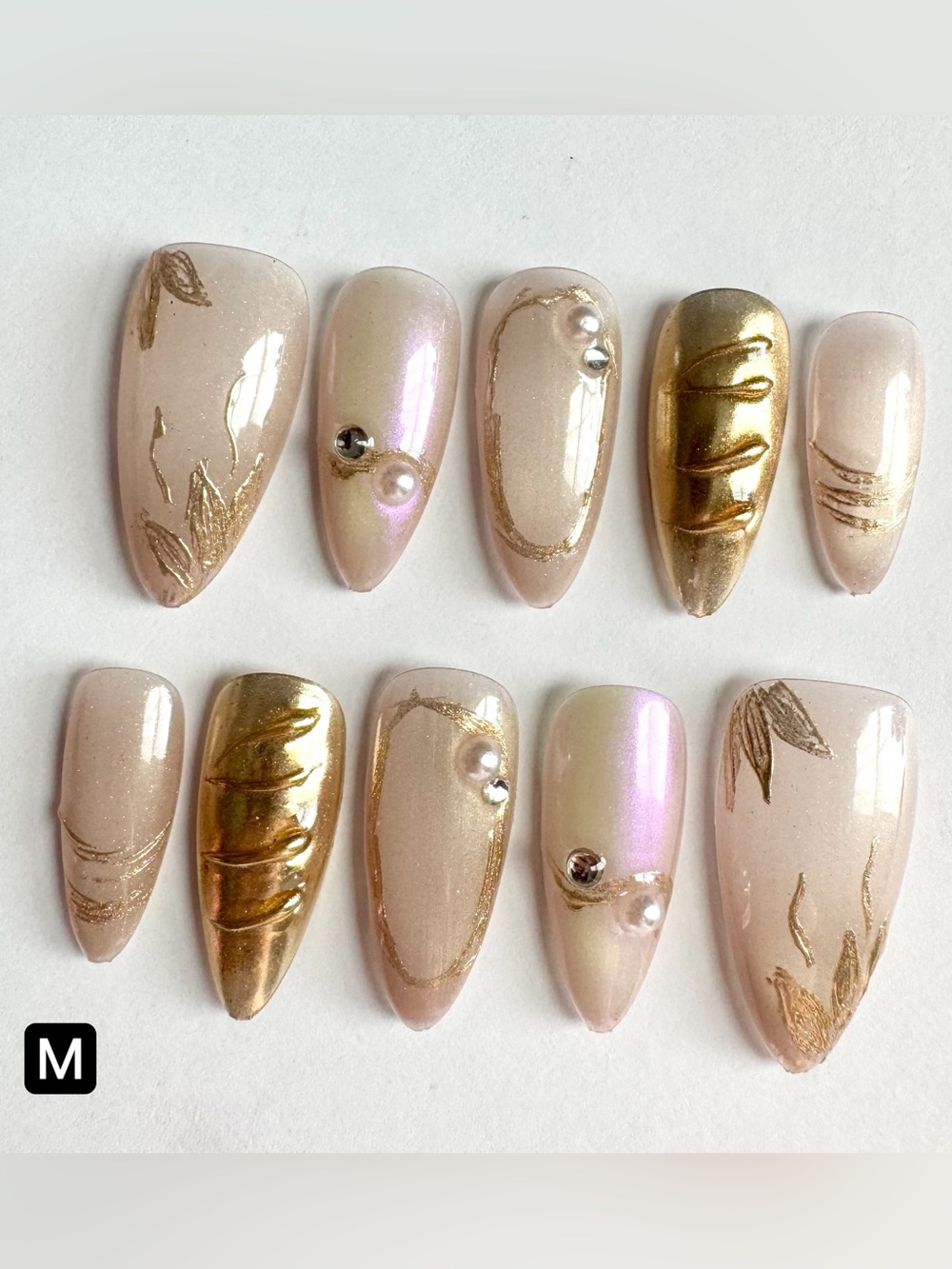 Pearlescent Nude & Gold Press-On Nails with Accent Pearls
